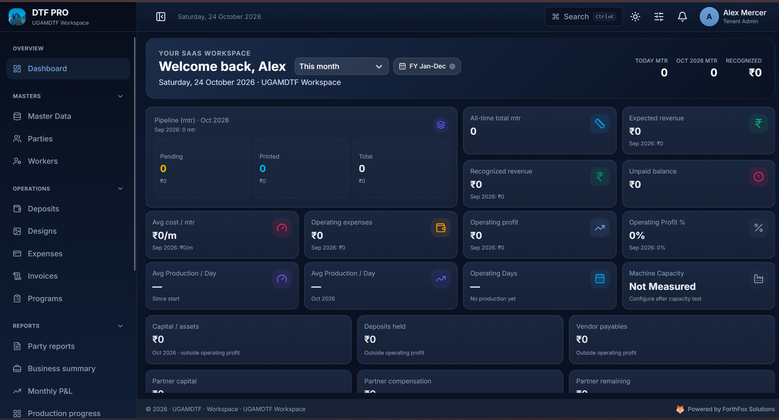 DTF Pro dashboard with production and financial KPI cards