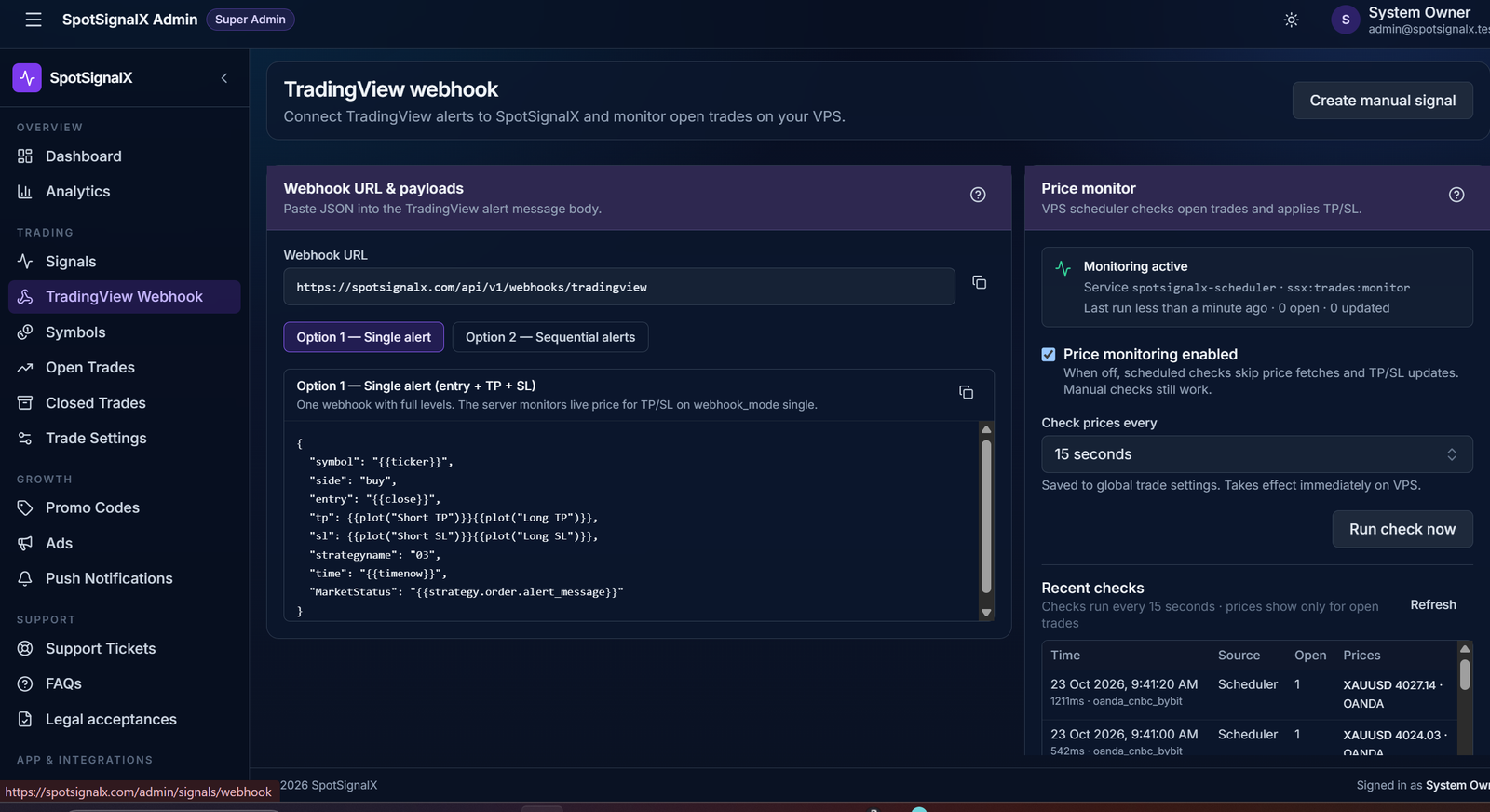 SpotSignalX admin webhook panel