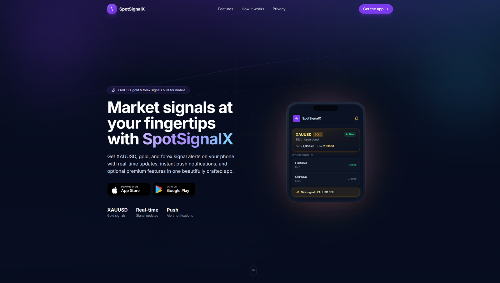 SpotSignalX public website with customer-facing mobile app mockup