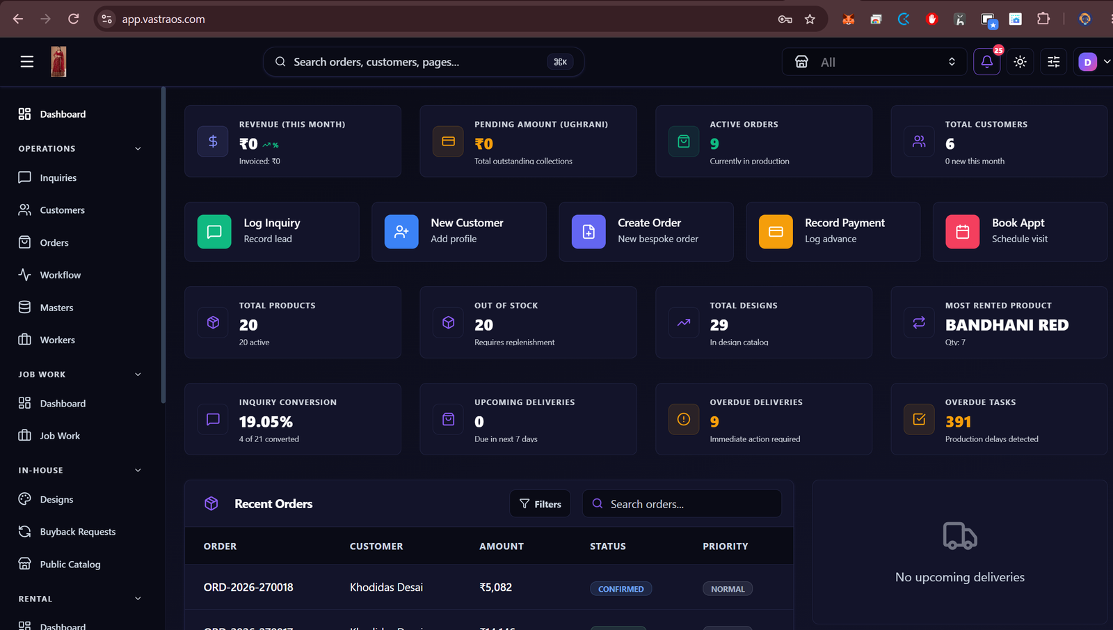 VastraOS operations dashboard